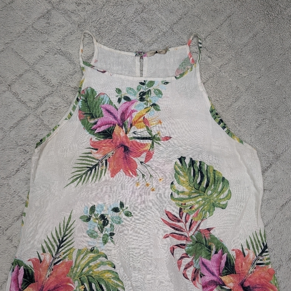 Lungo Larno Dress Dress Womens L White Floral Linen Beach Midi Sleeveless Coast - Picture 2 of 9